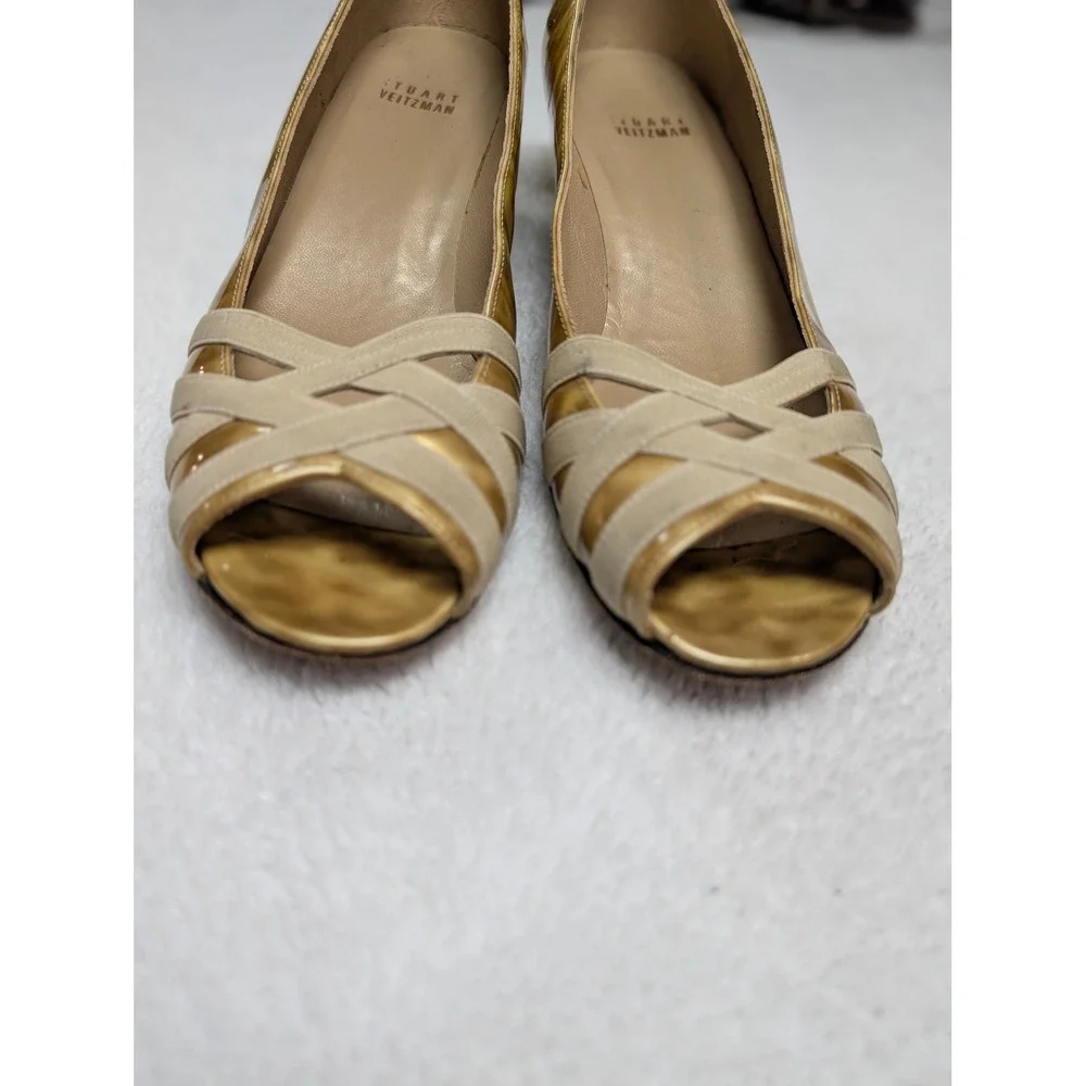 Stuart Weitzman Gold Tortoise Patent Leather Peep Toe Wedge Heels UW35709 7.5N